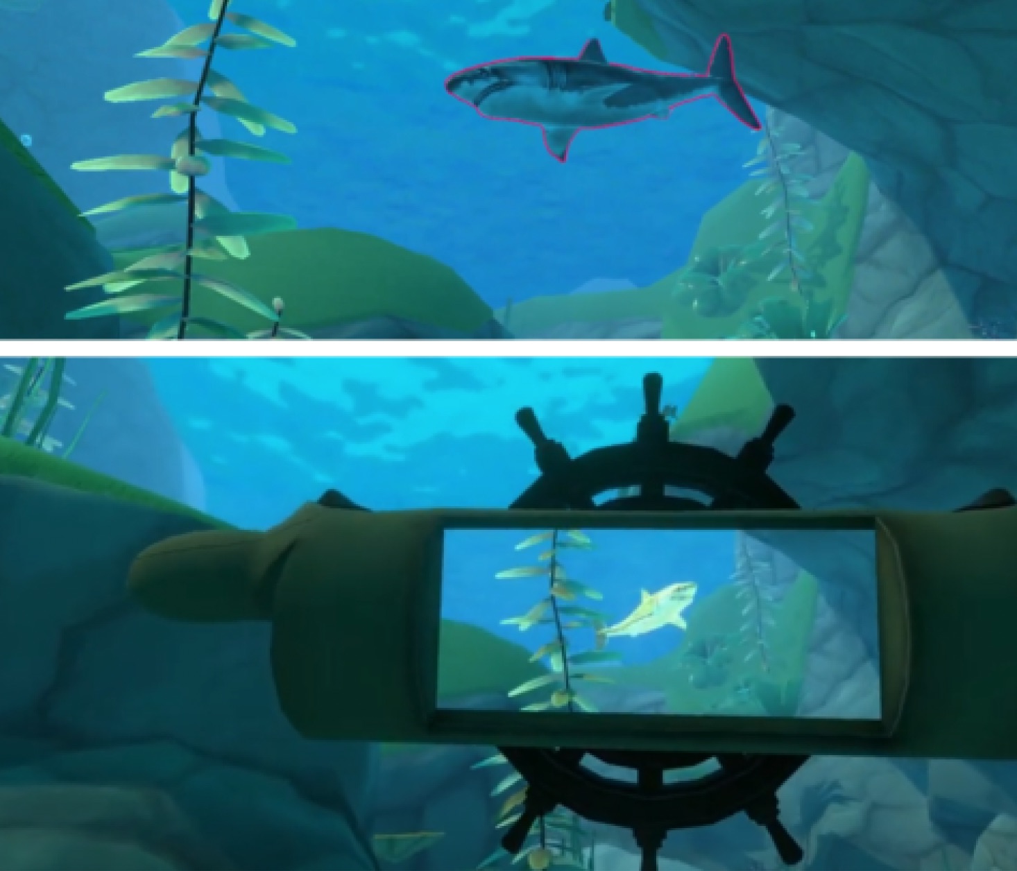 3D rendering of a game engine scene with a shark underwater and a themed scuba diver camera.